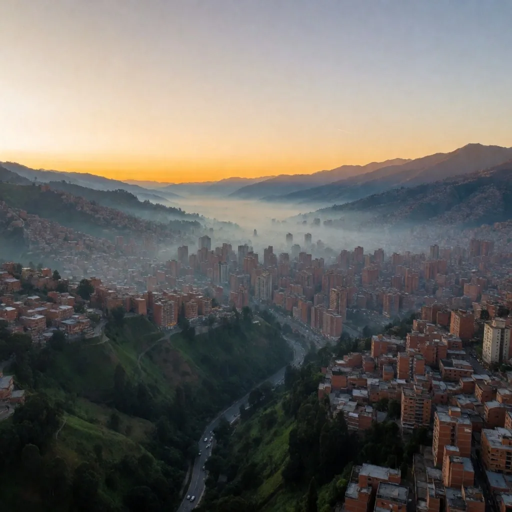 Panorámica de Medellín al amanecer con las montañas Andinas al fondo