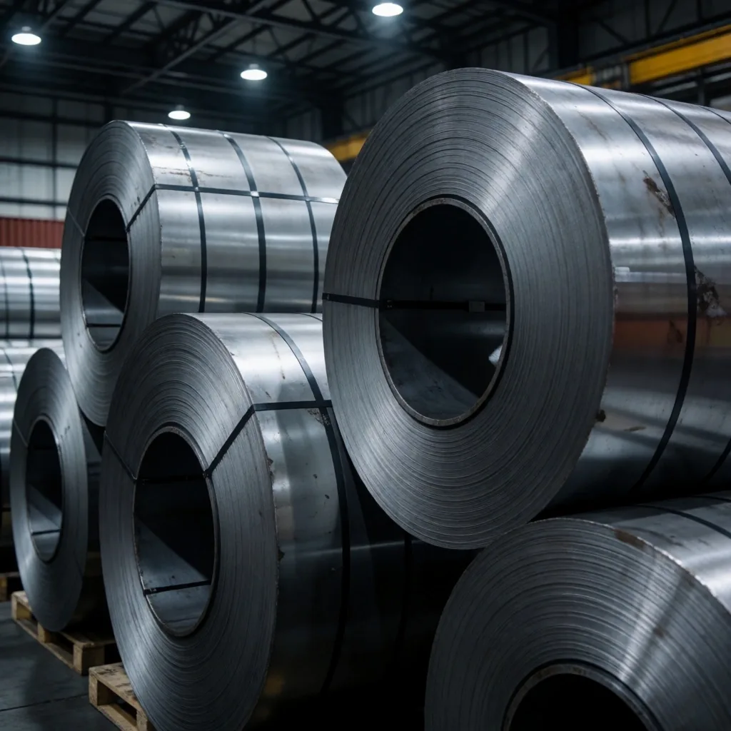 Bobinas de acero y aluminio apiladas en un almacén industrial