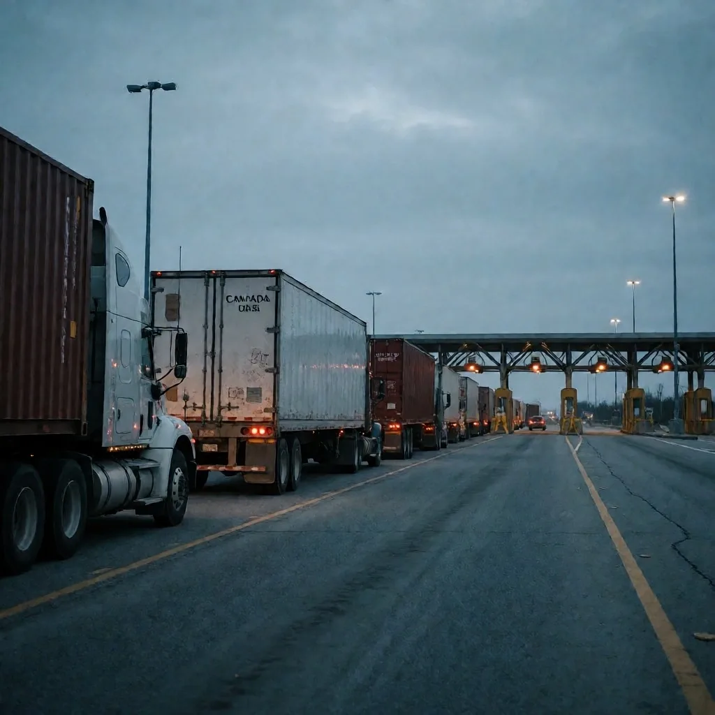Cruce fronterizo entre Canadá y Estados Unidos al amanecer con camiones de carga