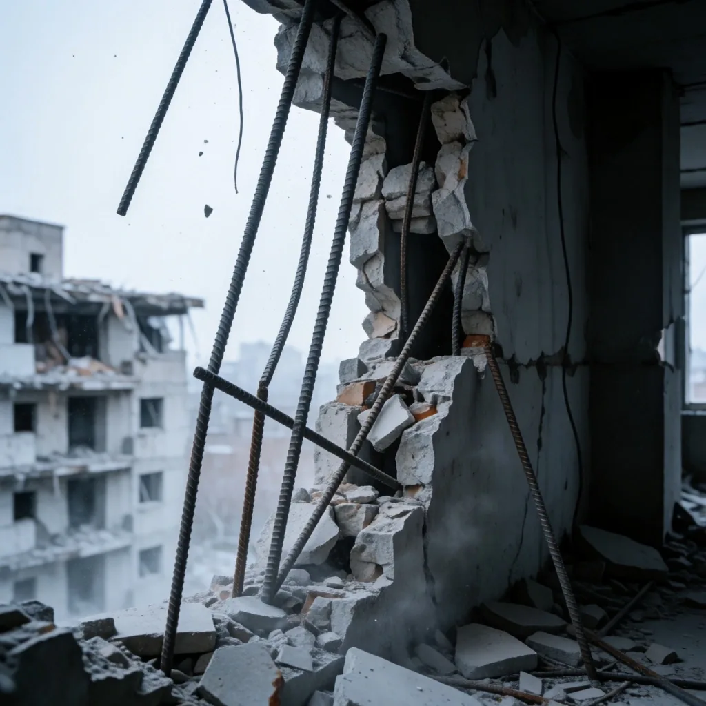 Daños estructurales en los pisos superiores de un edificio residencial