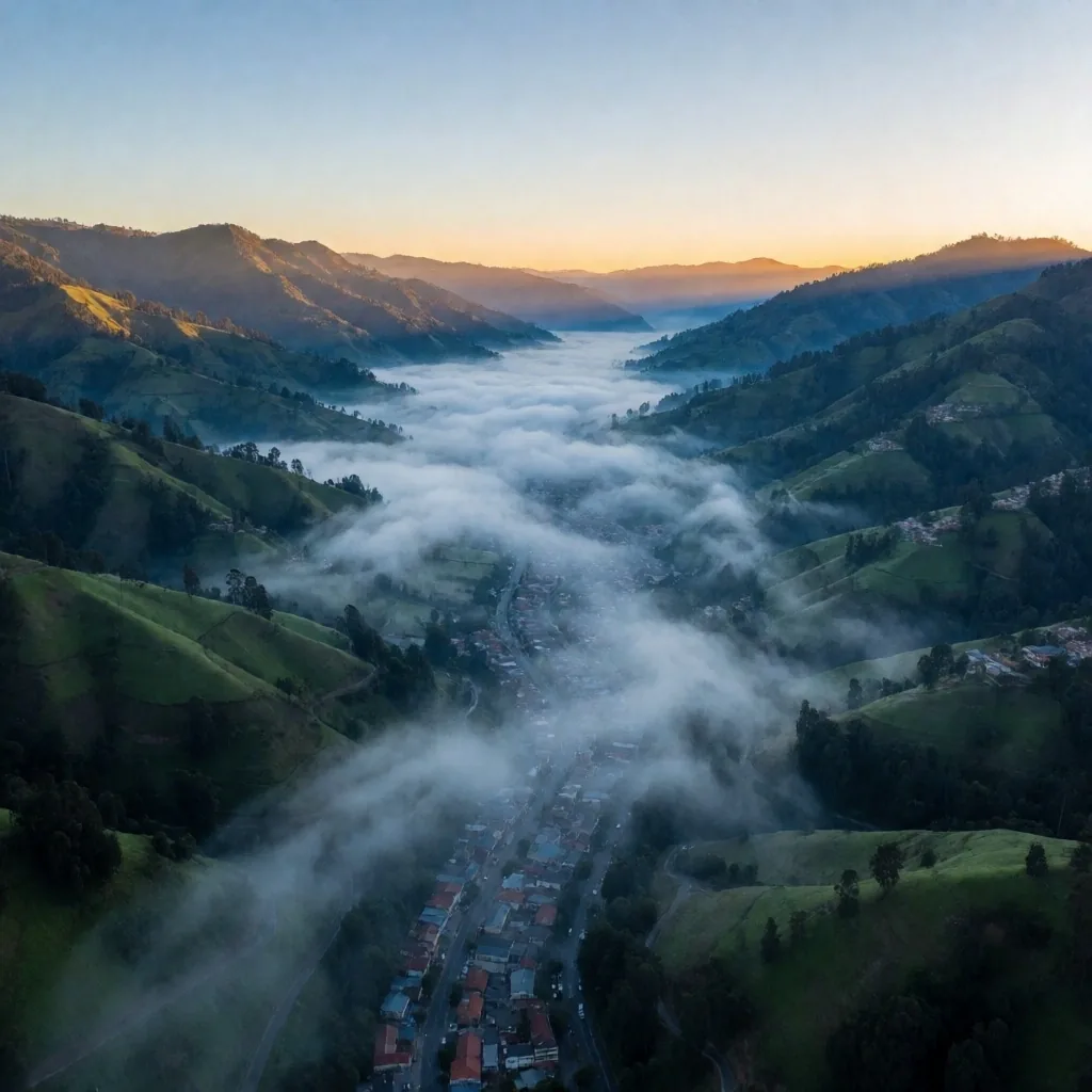 Amanecer sobre el valle de Medellín visto desde las alturas andinas