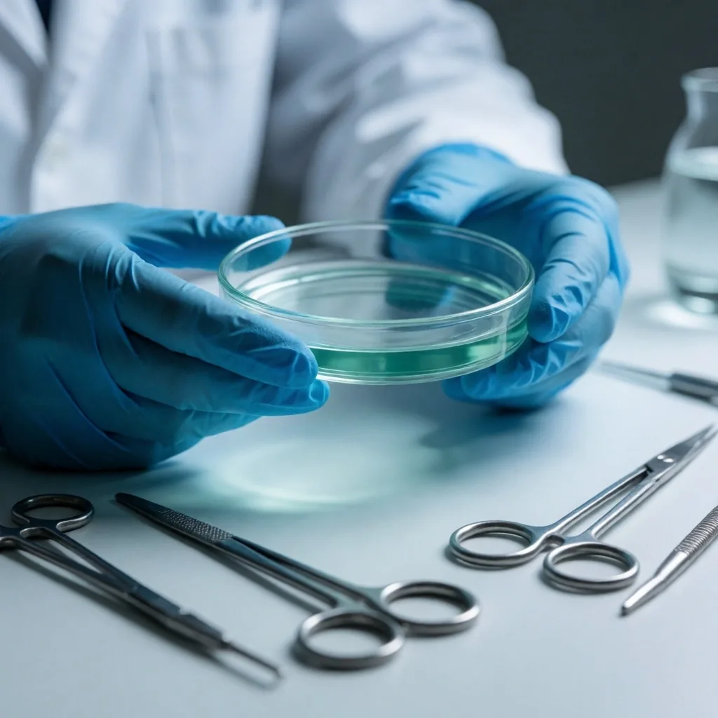 Manos enguantadas sosteniendo una placa de laboratorio