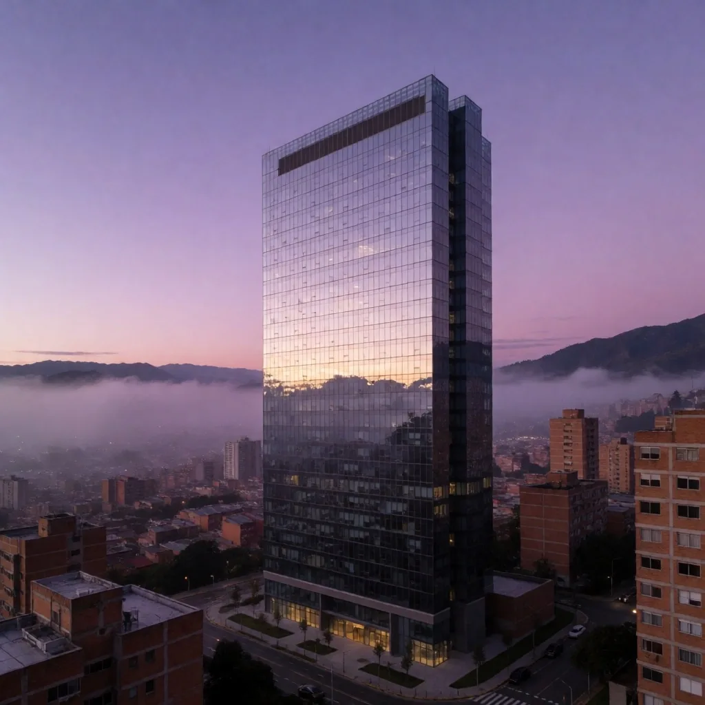 Edificio de oficinas en el centro financiero de Medellín al amanecer