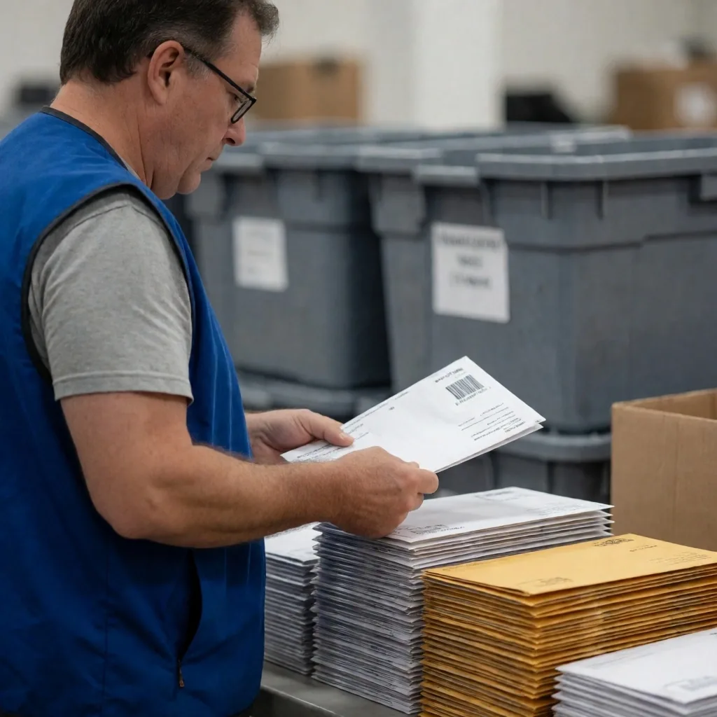 Trabajador electoral revisando sobres de voto por correo