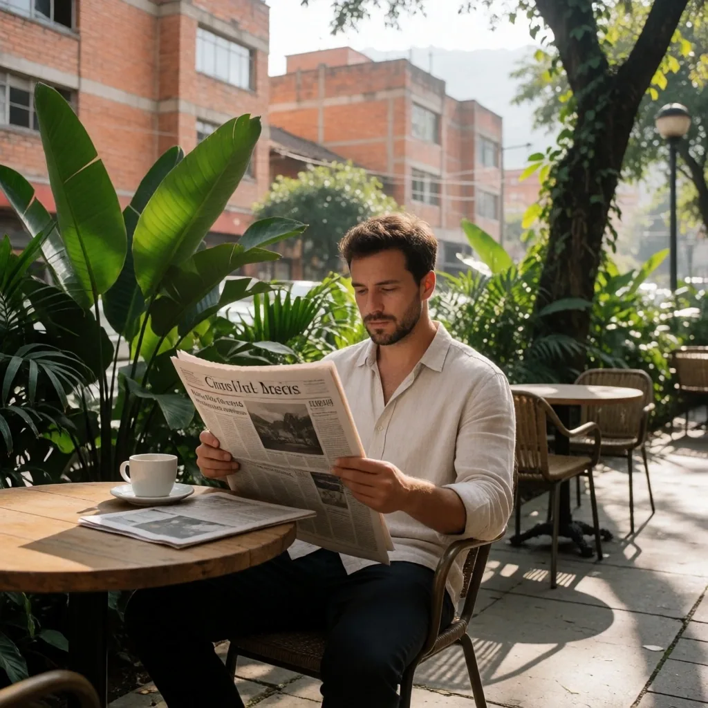 Hombre leyendo en un café de Medellín con montañas al fondo