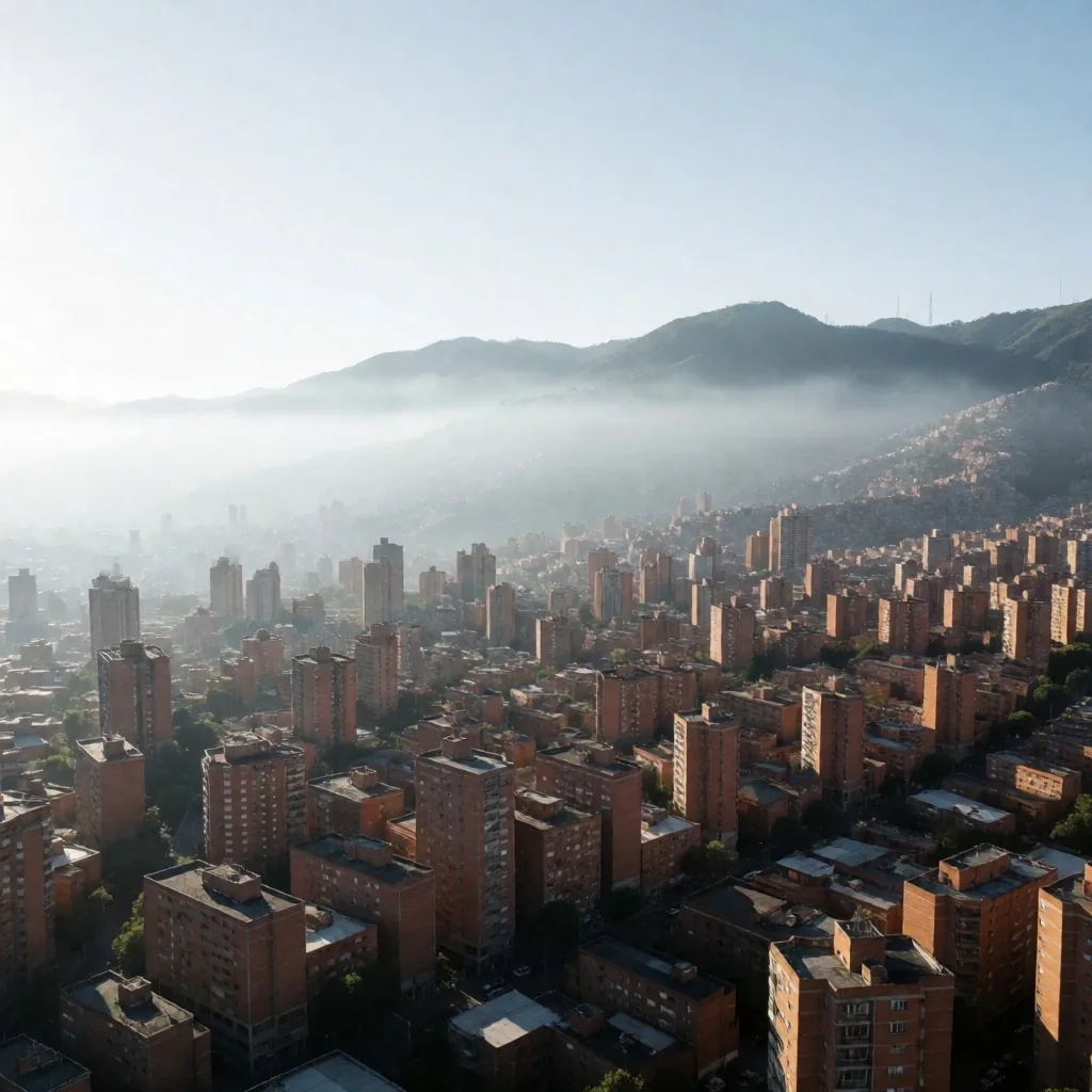 Vista aérea de Medellín al amanecer con montañas circundantes