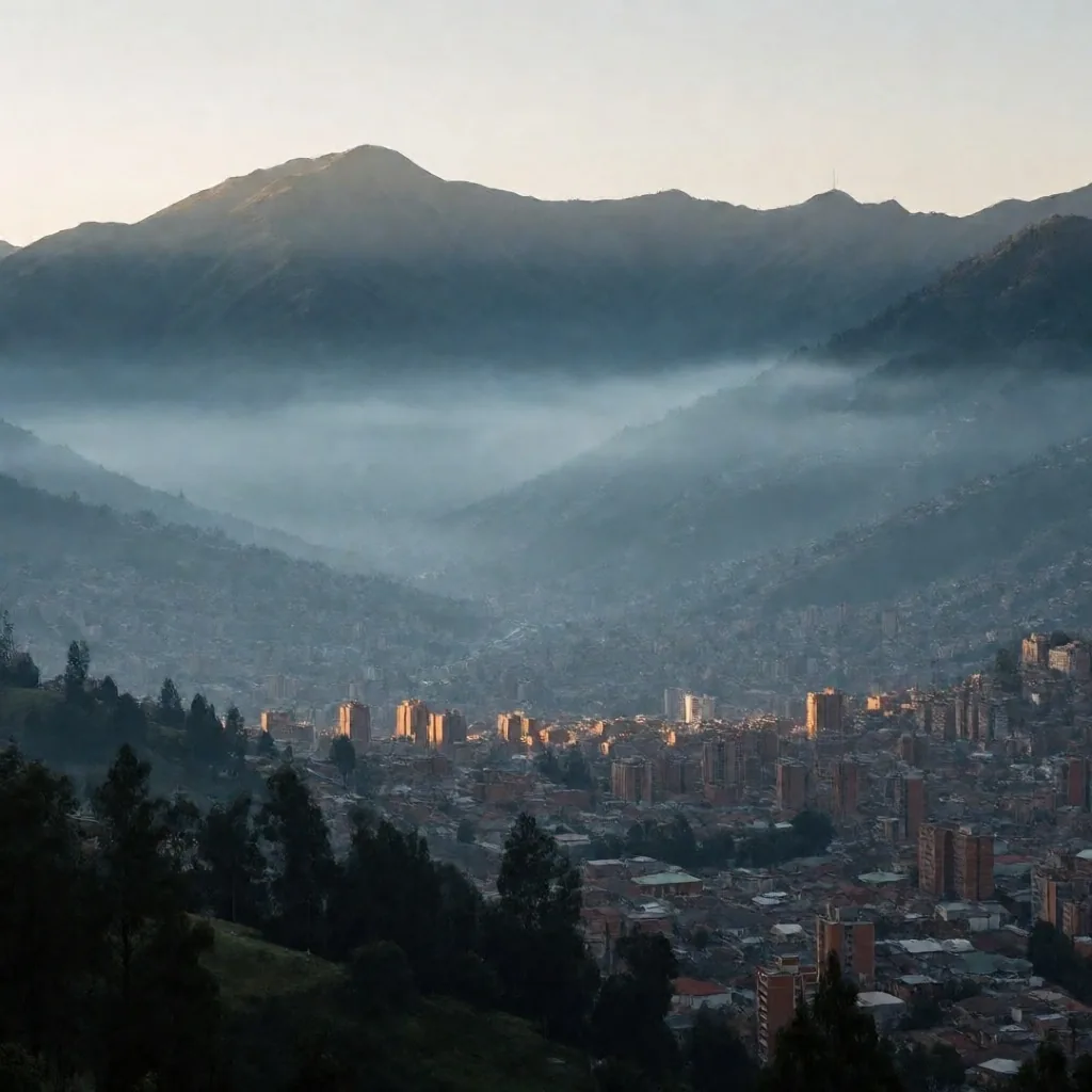 Amanecer sobre el valle de Medellín con montañas andinas