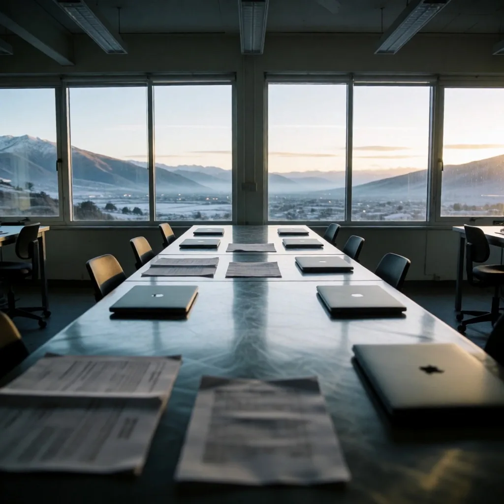 Espacio de investigación colaborativa con vista al amanecer andino