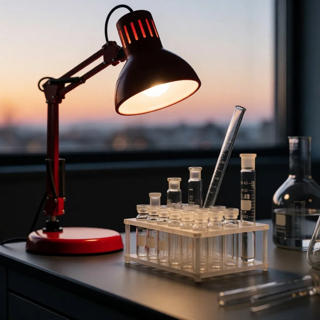Estación de trabajo de laboratorio con instrumentos de precisión iluminados por una lámpara roja
