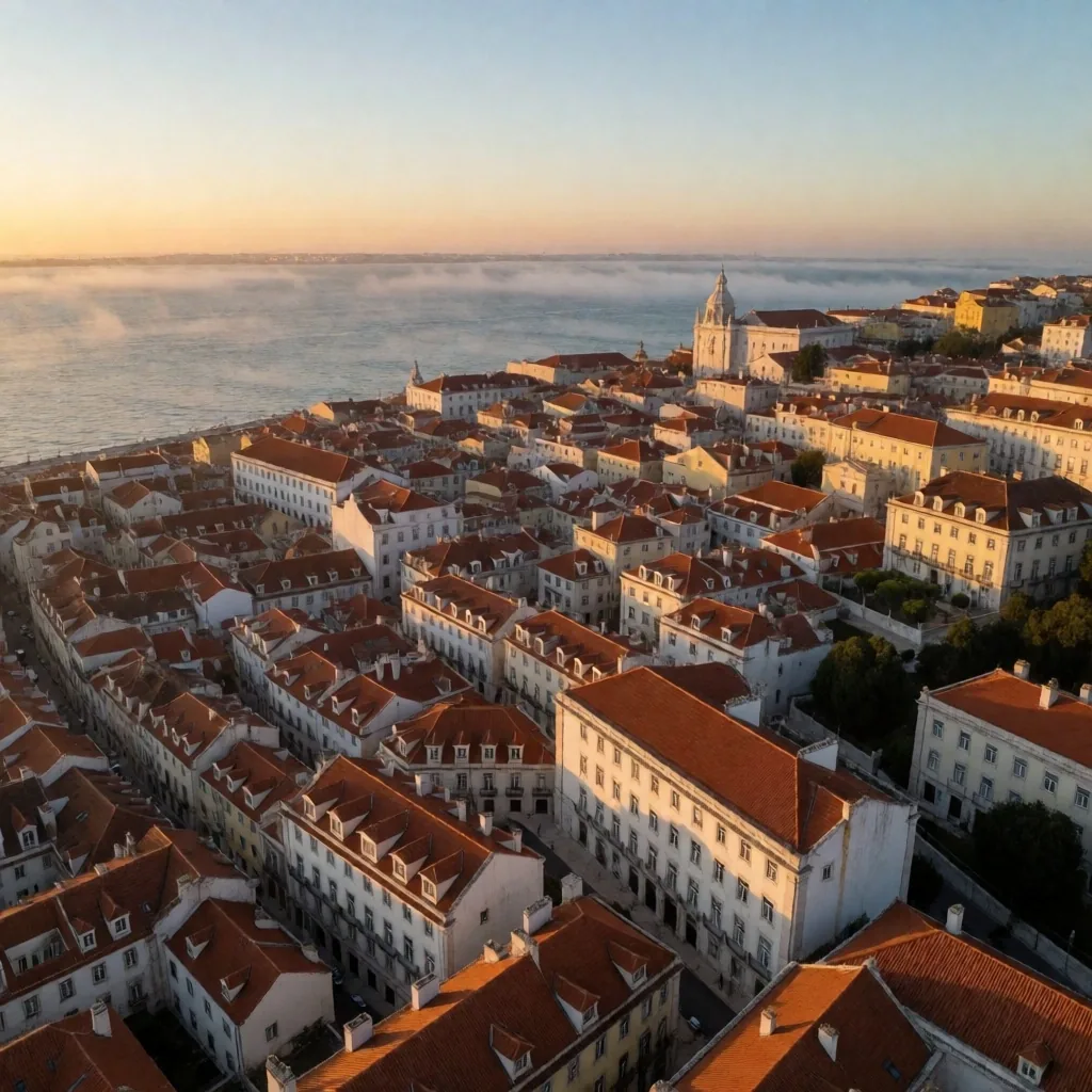 Vista aérea de Lisboa al amanecer junto al río Tajo