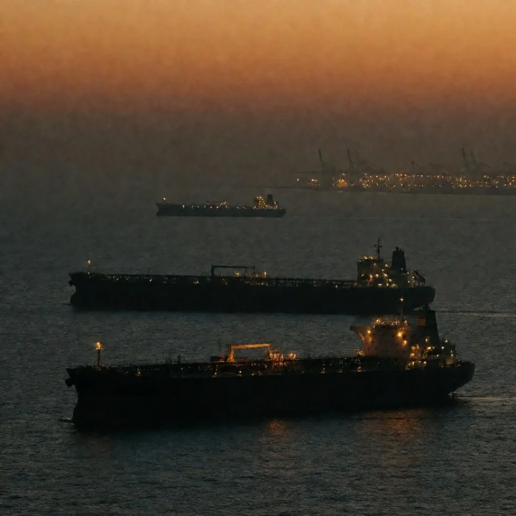 Buques petroleros en el mar al anochecer