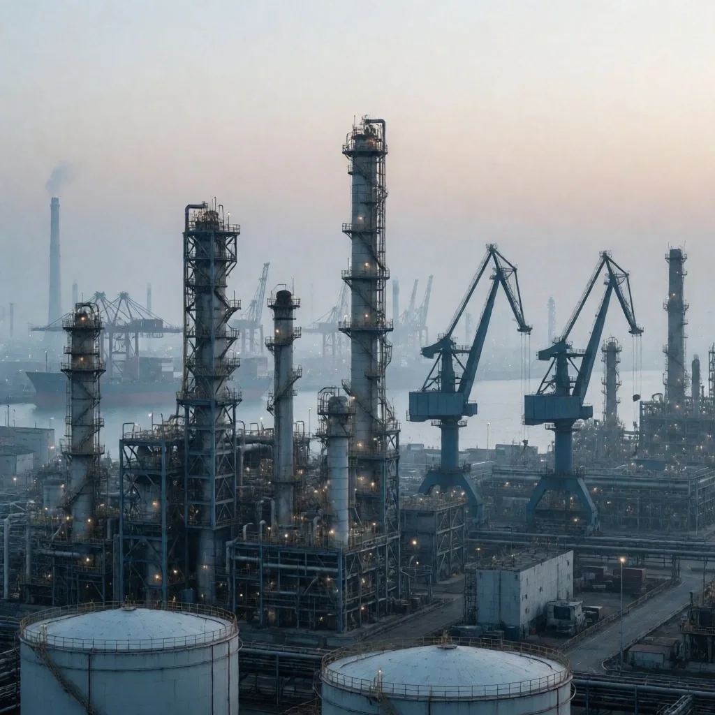Refinería y puerto comercial al amanecer